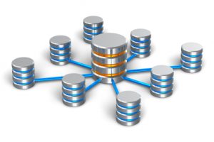Database and networking concept Database and networking concept: connected metal hard disk icons isolated on white background